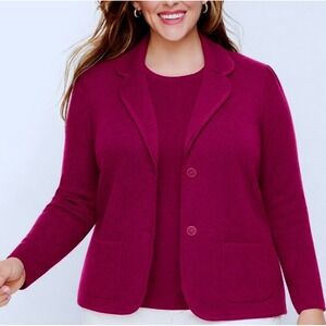 Talbots Cotton Red Burgundy Sweater Blazer Cardigan Jacket 2X Knit pockets work